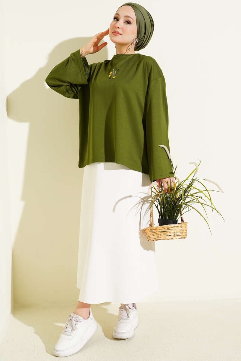 Floral Embroidered Jersey Blouse - Green