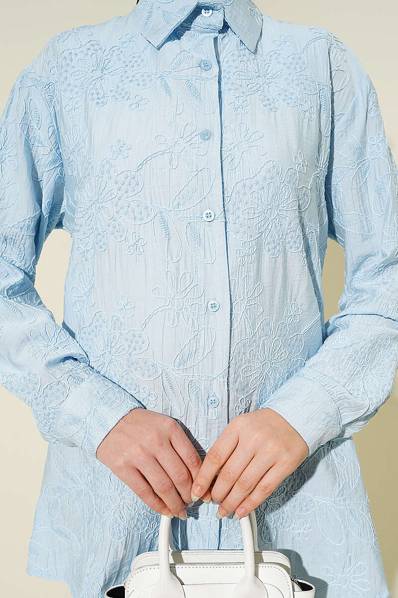 Basic Embossed Floral Shirt - Light Blue