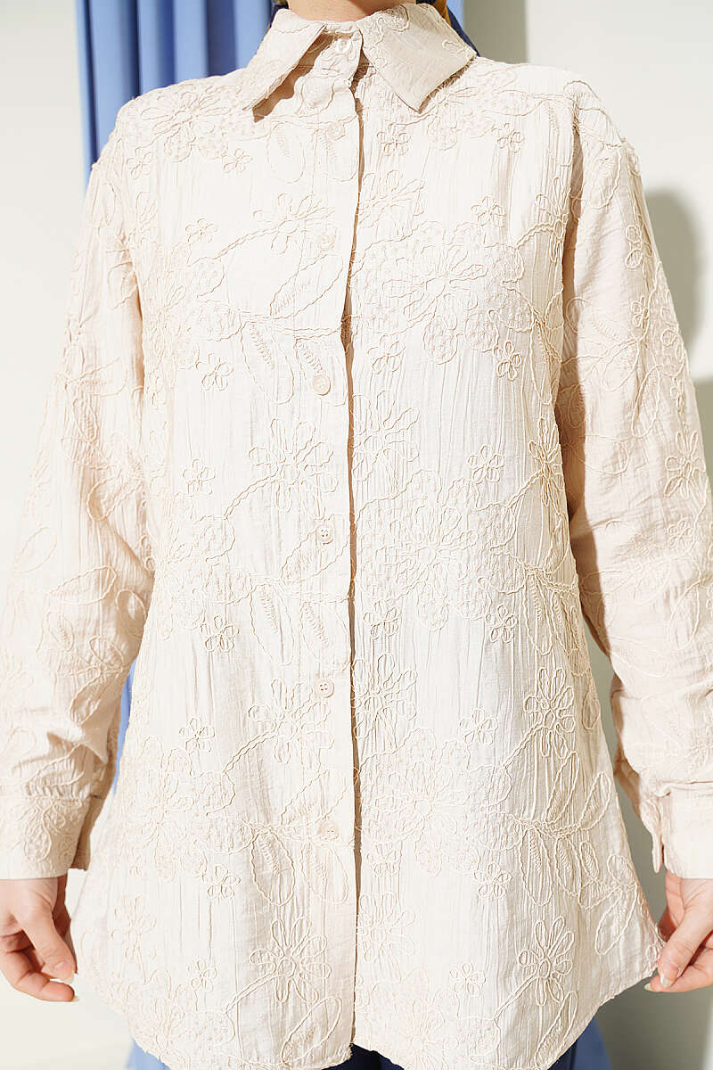 Basic Embossed Floral Shirt - Beige