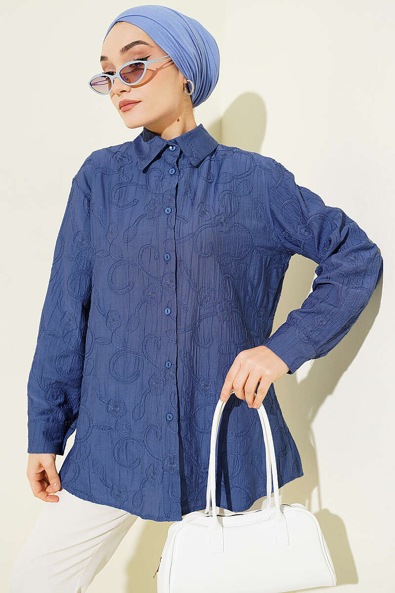 Basic Embossed Floral Shirt - Indigo