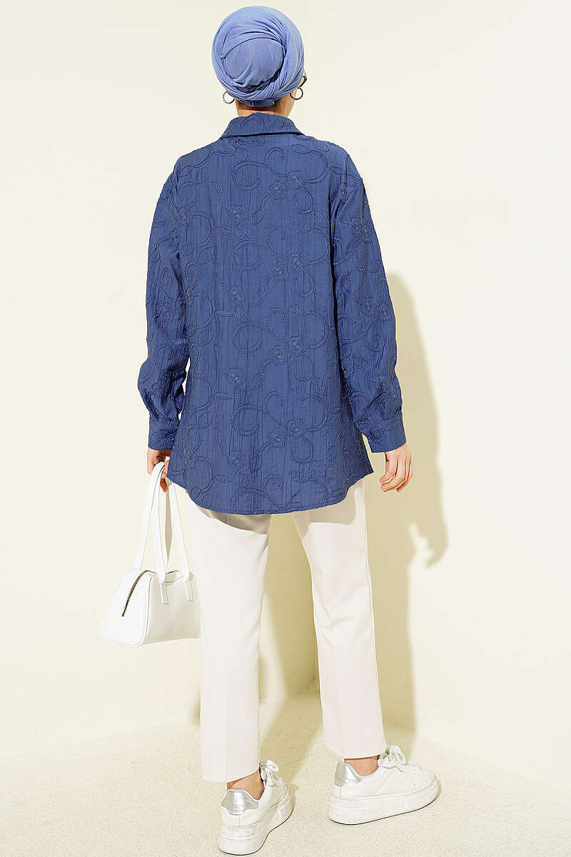 Basic Embossed Floral Shirt - Indigo