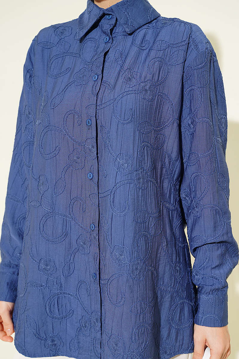Basic Embossed Floral Shirt - Indigo