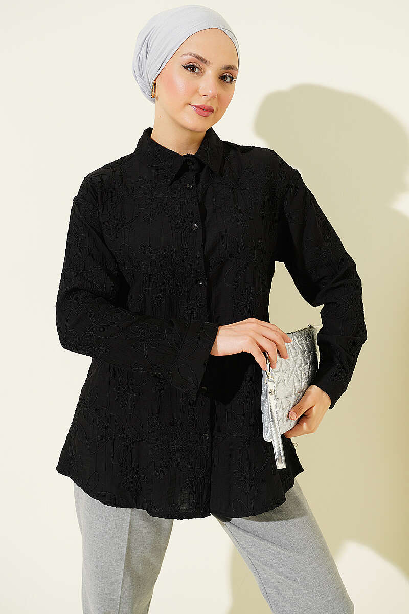 Basic Embossed Floral Shirt - Black