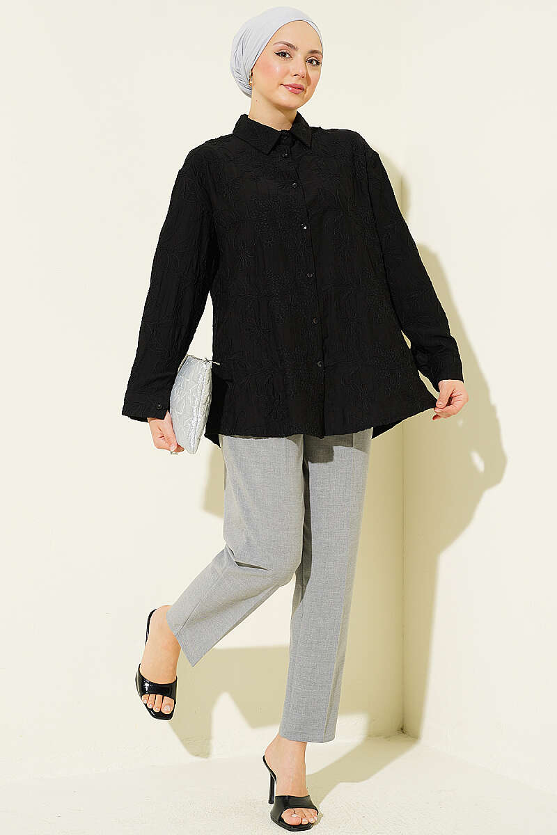 Basic Embossed Floral Shirt - Black