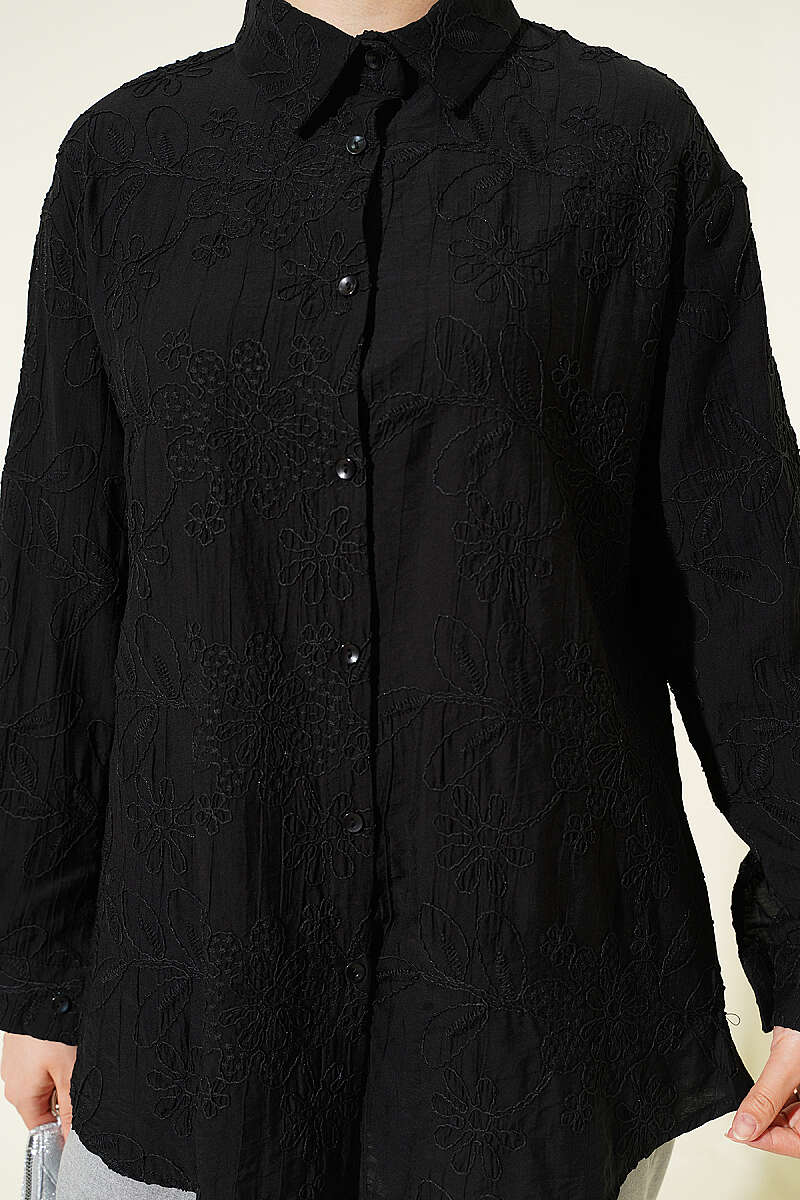 Basic Embossed Floral Shirt - Black