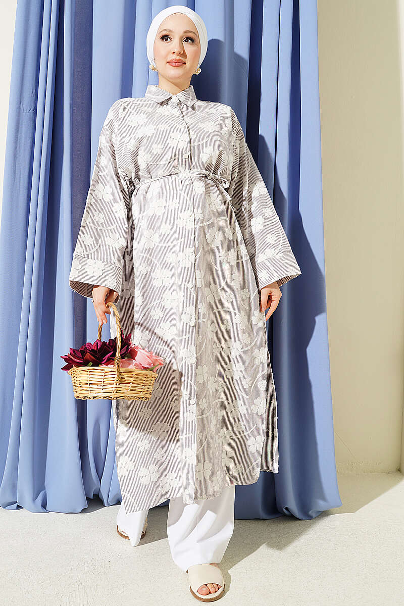 Long Embossed Floral Tunic with Cord Belt - Burgundy