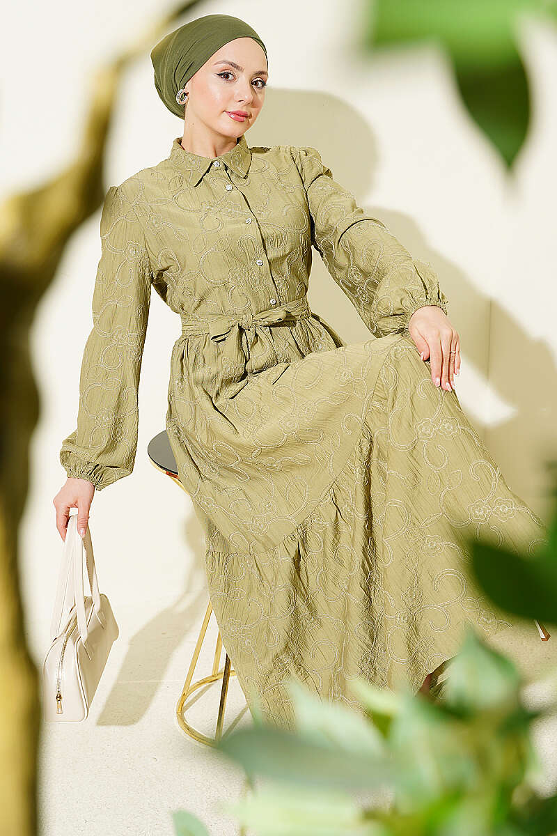 Embossed Floral Half-Button Dress - Almond Green