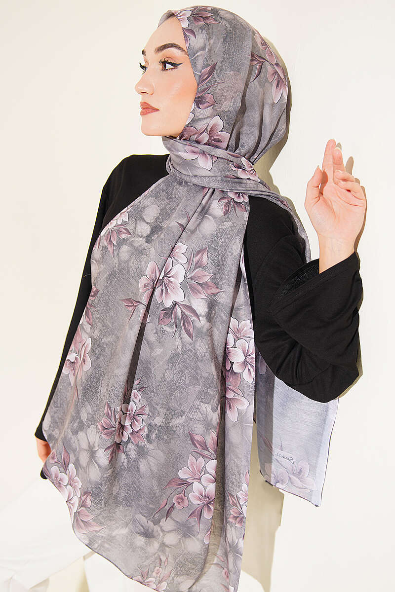 Floral Motif Shawl - Smoke Grey
