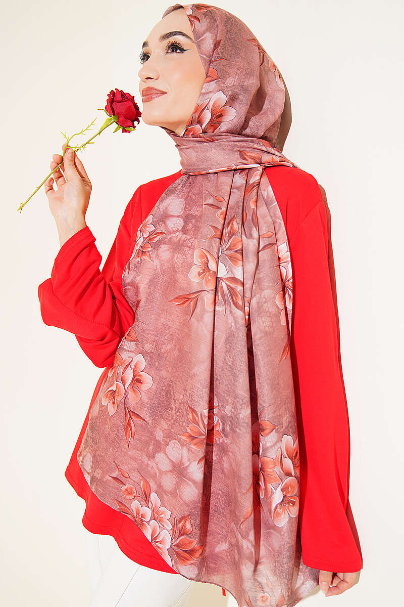 Floral Motif Shawl - Soft Brown