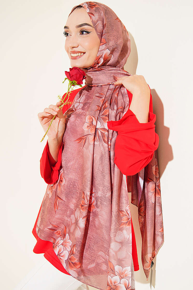 Floral Motif Shawl - Soft Brown