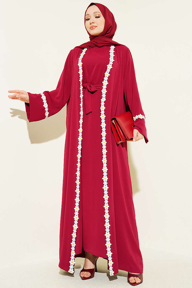 Belted Beaded Abaya - Burgundy