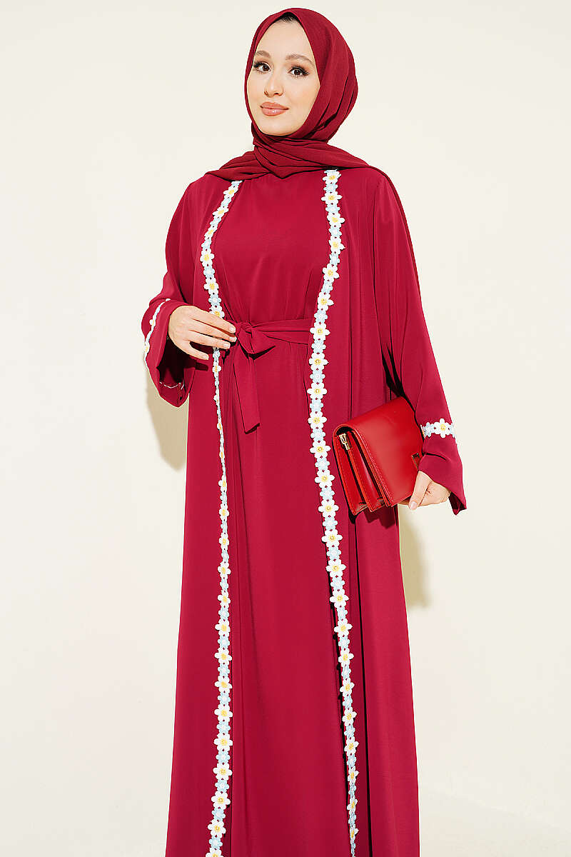 Belted Beaded Abaya - Burgundy
