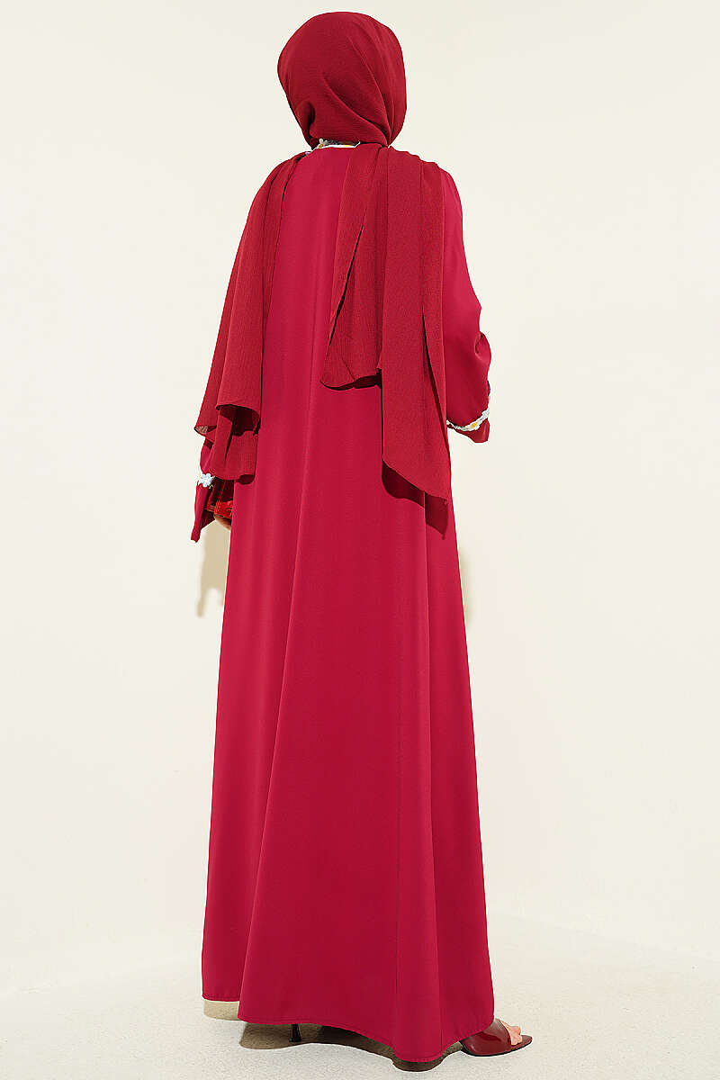 Belted Beaded Abaya - Burgundy