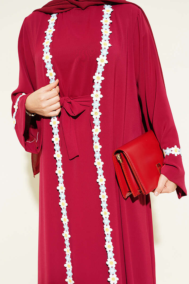 Belted Beaded Abaya - Burgundy