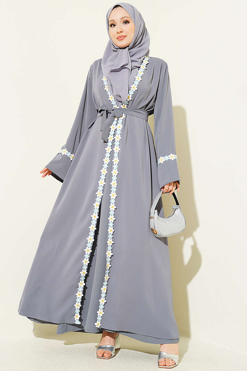 Belted Beaded Abaya - Grey