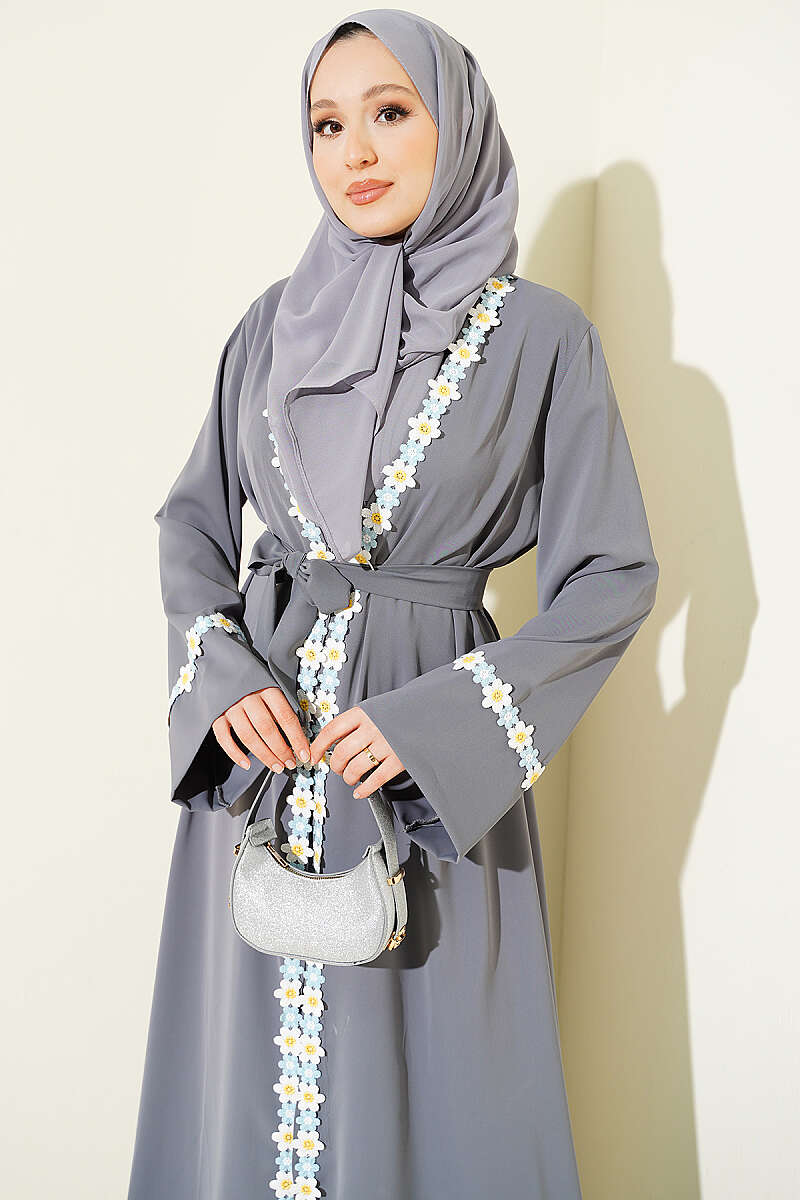 Belted Beaded Abaya - Grey