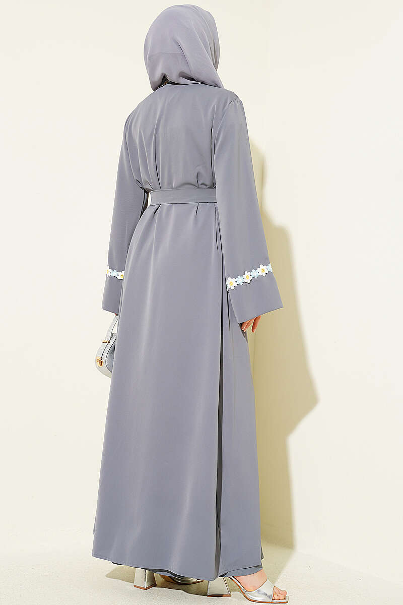 Belted Beaded Abaya - Grey