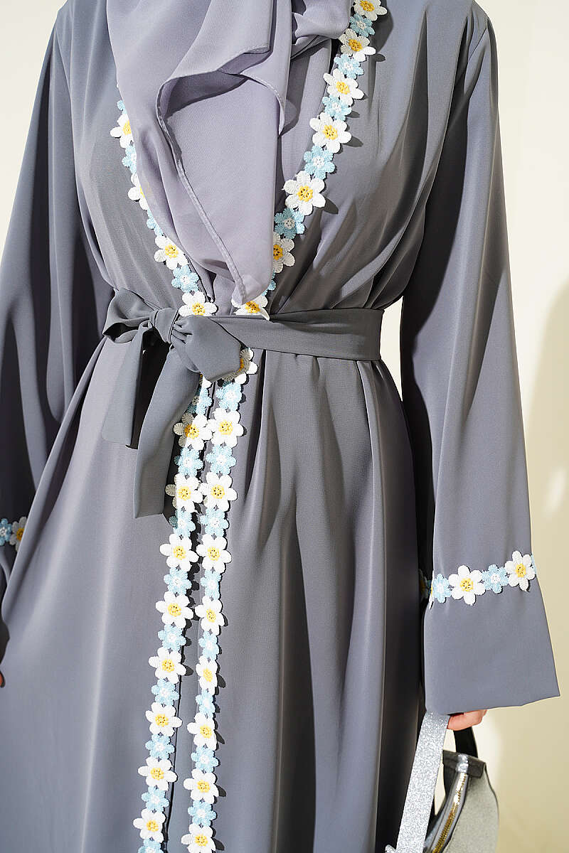 Belted Beaded Abaya - Grey