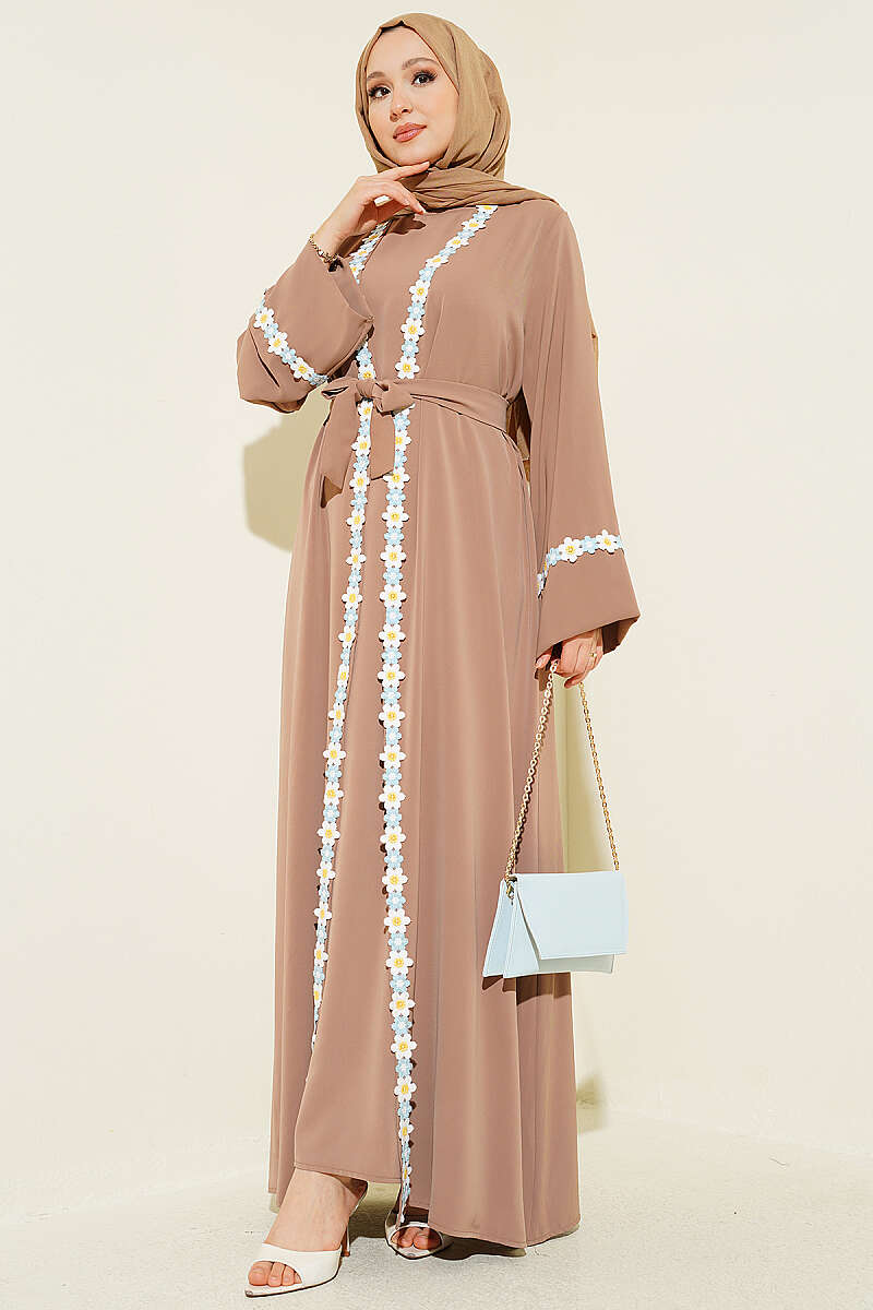 Belted Beaded Abaya - Latte