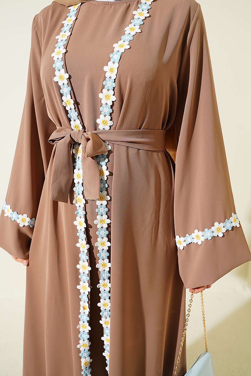Belted Beaded Abaya - Latte