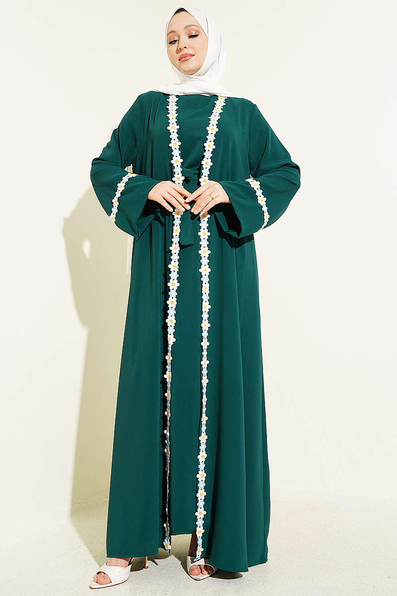 Belted Beaded Abaya - Emerald