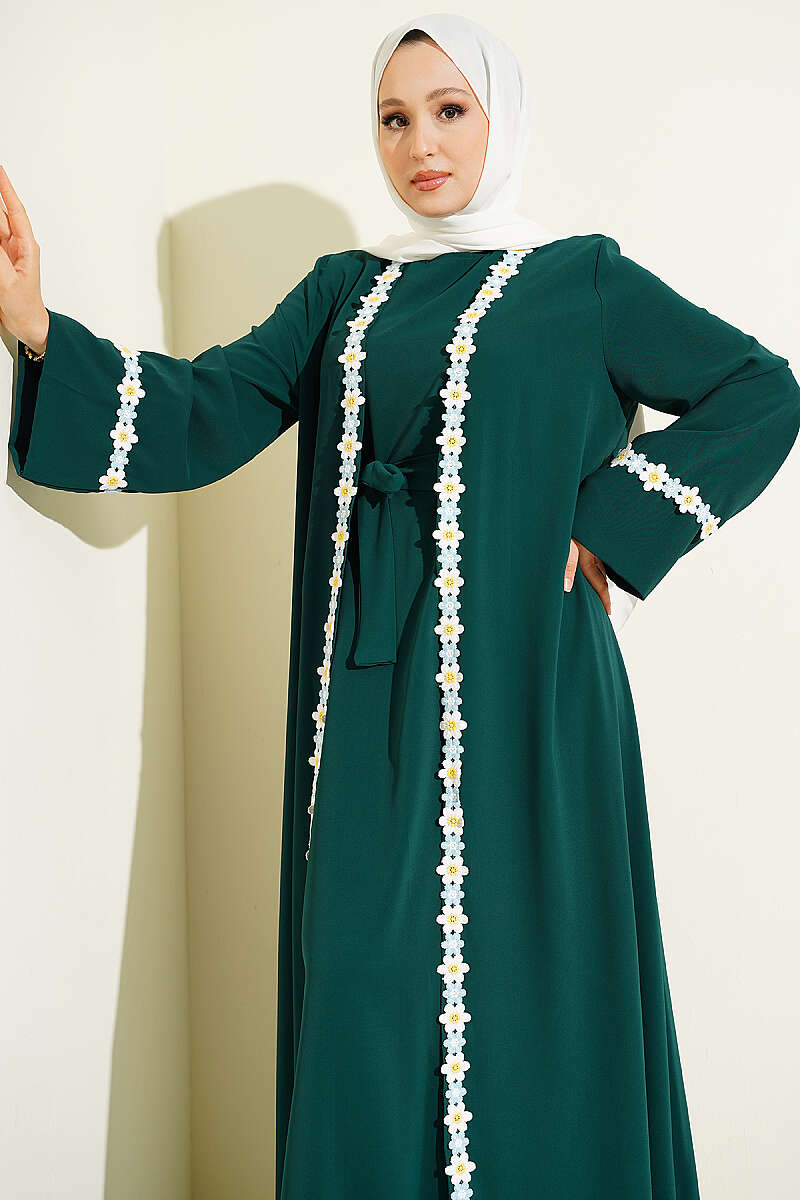 Belted Beaded Abaya - Emerald