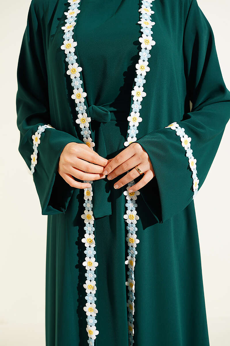Belted Beaded Abaya - Emerald
