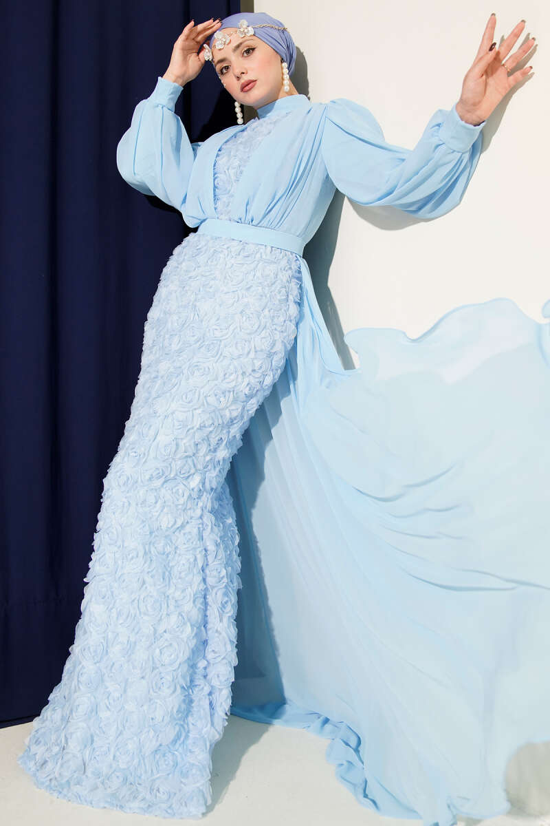 Floral Tulle Cape Evening Dress - Light Blue