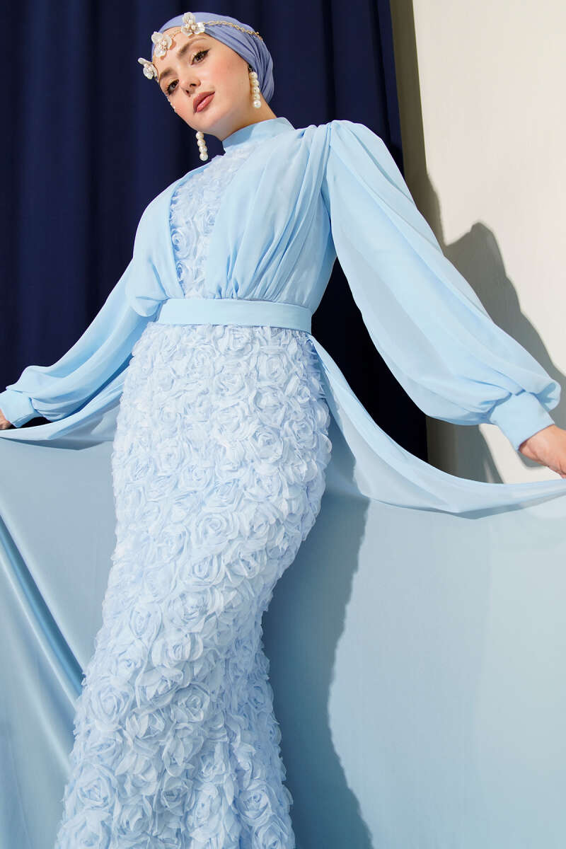 Floral Tulle Cape Evening Dress - Light Blue