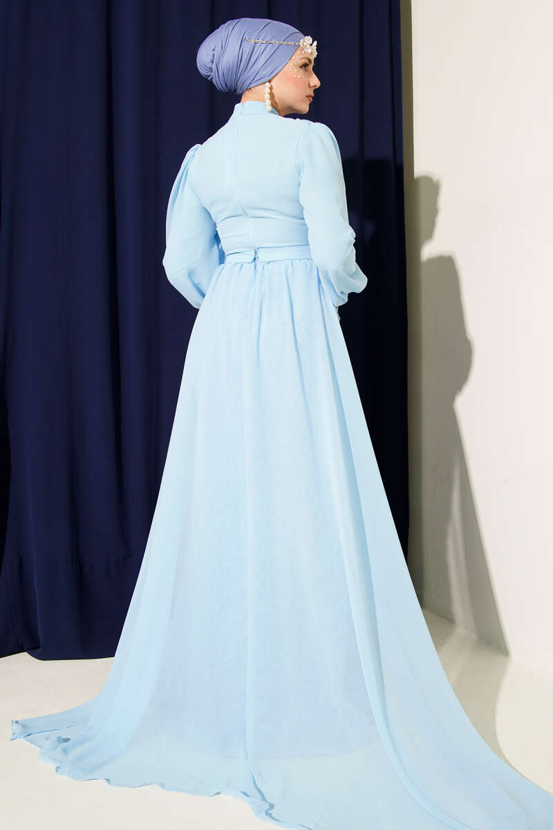 Floral Tulle Cape Evening Dress - Light Blue