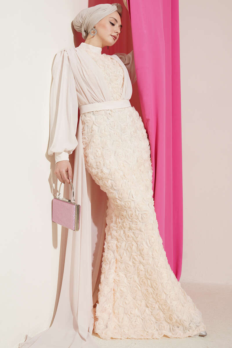 Floral Tulle Cape Evening Dress - Bone