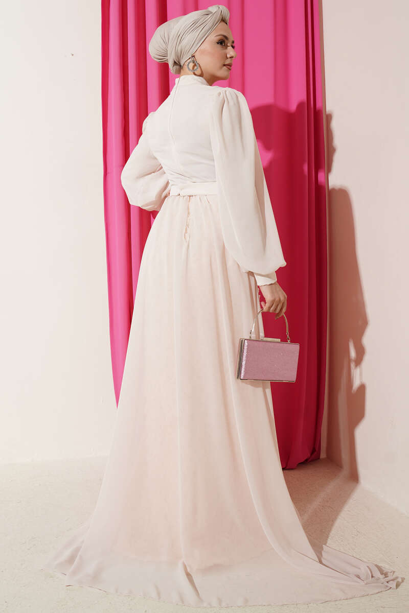 Floral Tulle Cape Evening Dress - Bone