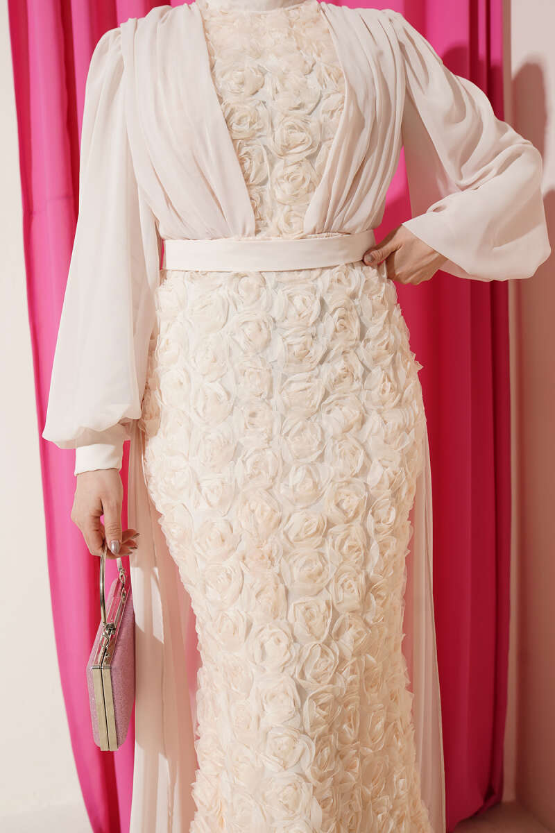 Floral Tulle Cape Evening Dress - Bone