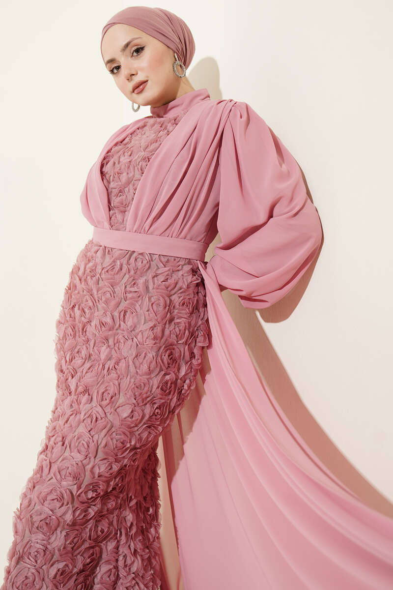 Floral Tulle Cape Evening Dress - Powder