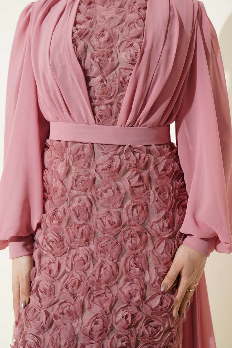 Floral Tulle Cape Evening Dress - Powder