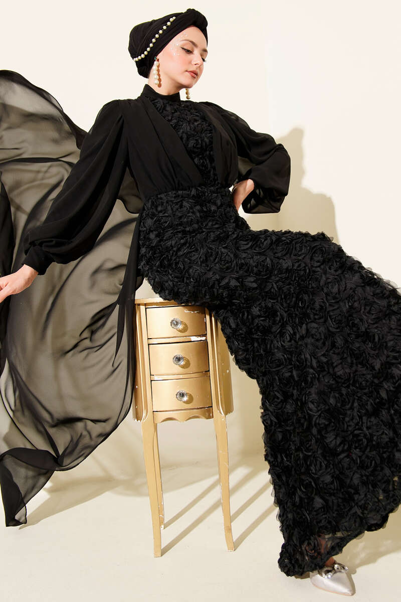 Floral Tulle Cape Evening Dress - Black
