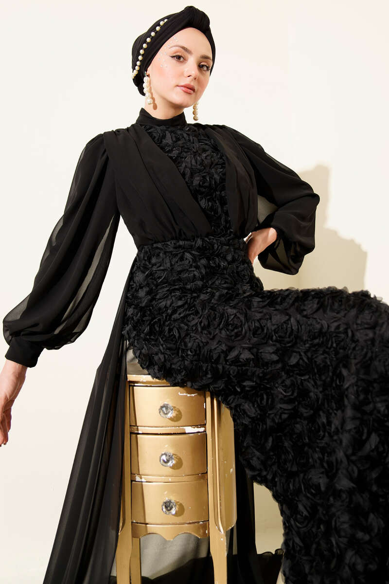 Floral Tulle Cape Evening Dress - Black