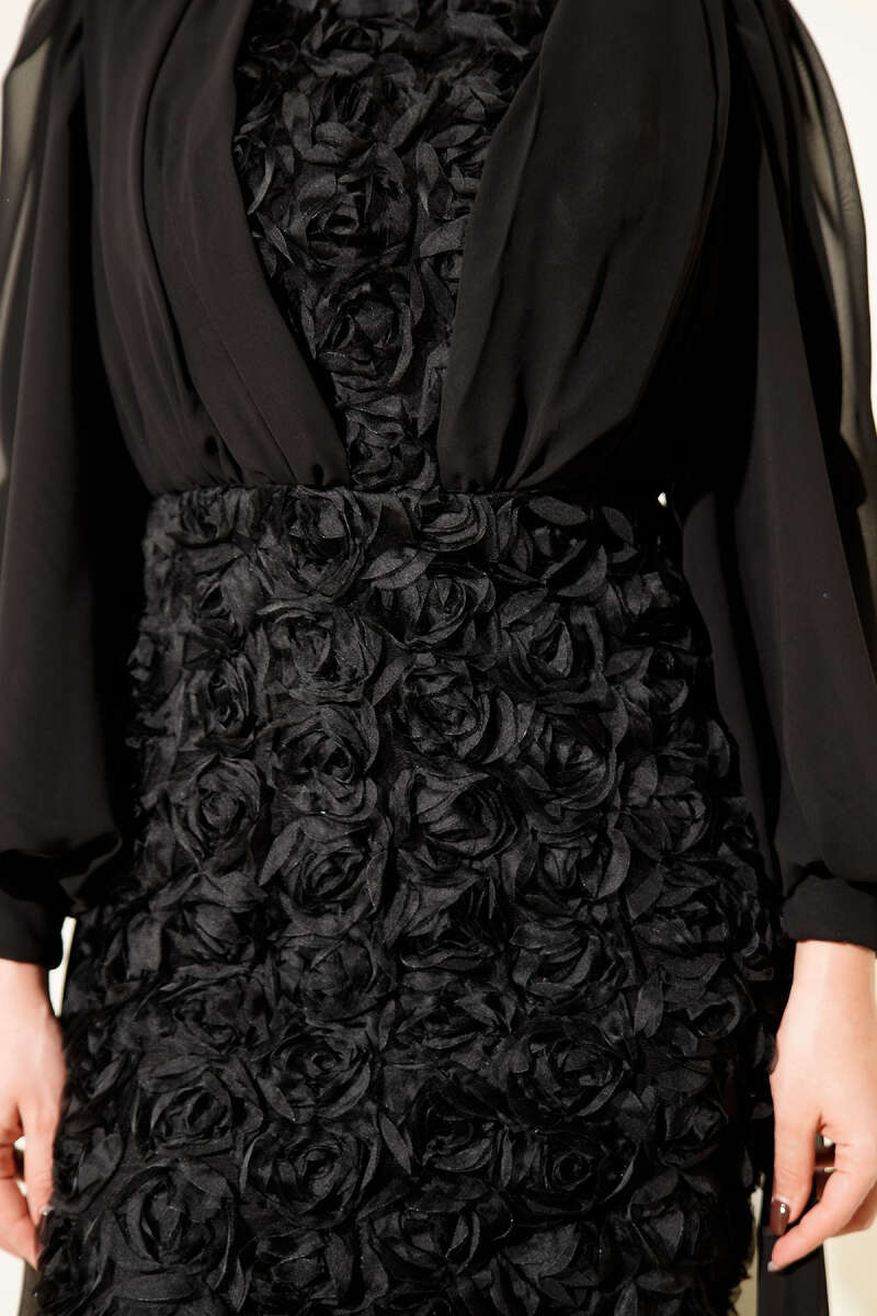 Floral Tulle Cape Evening Dress - Black