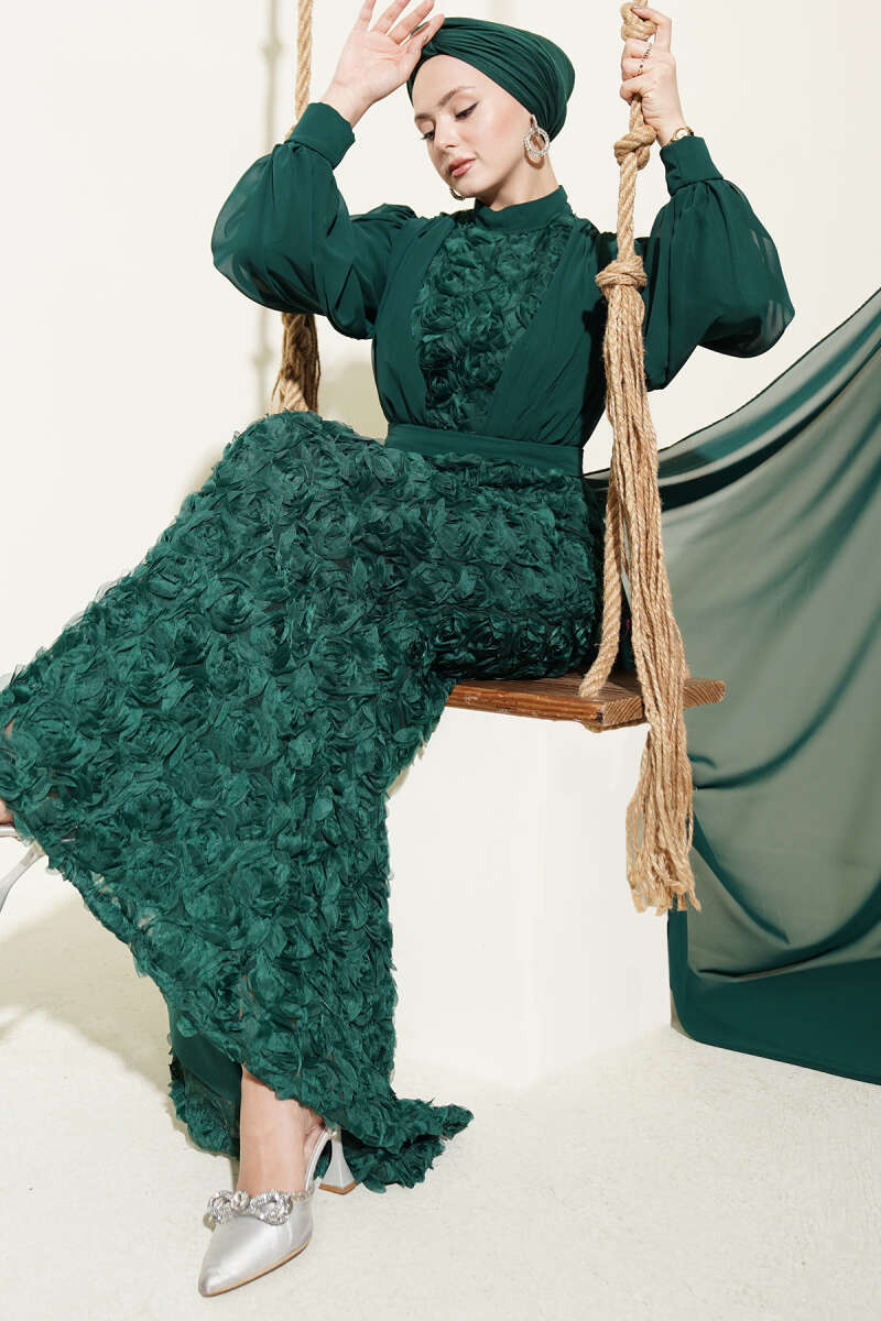 Floral Tulle Cape Evening Dress - Emerald