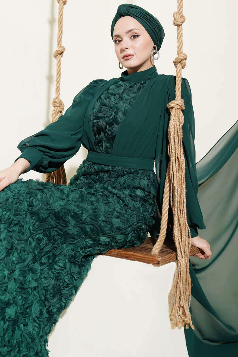 Floral Tulle Cape Evening Dress - Emerald