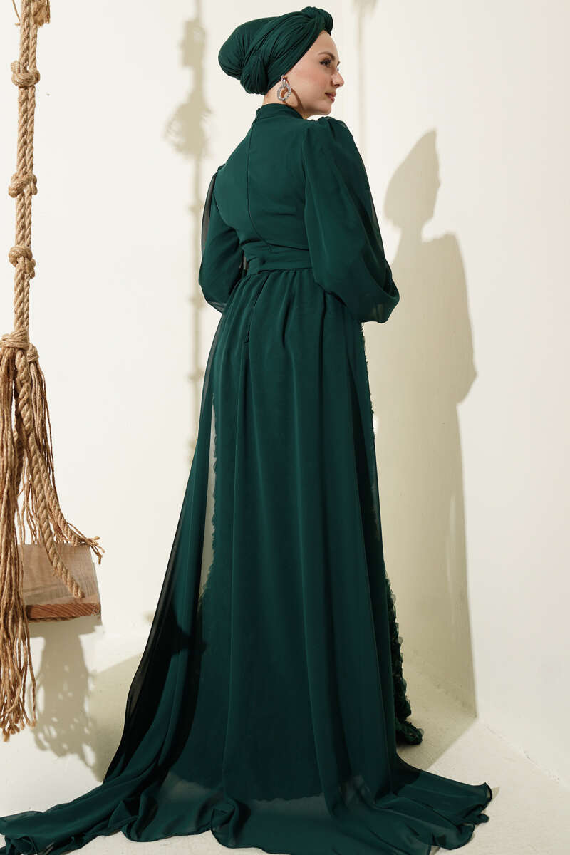 Floral Tulle Cape Evening Dress - Emerald