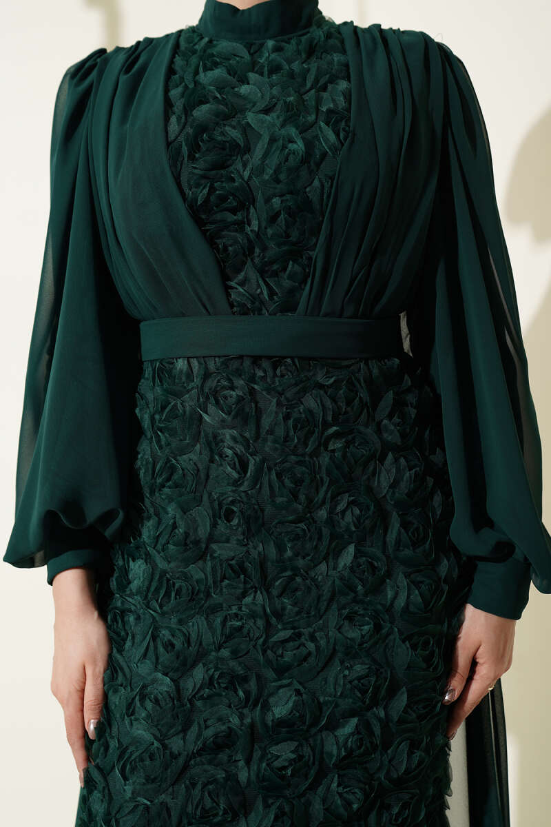 Floral Tulle Cape Evening Dress - Emerald