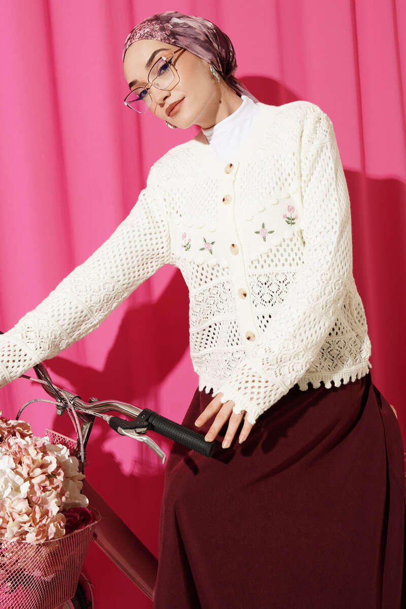 Short Floral-Embroidered Pointelle Knit Cardigan - Ecru