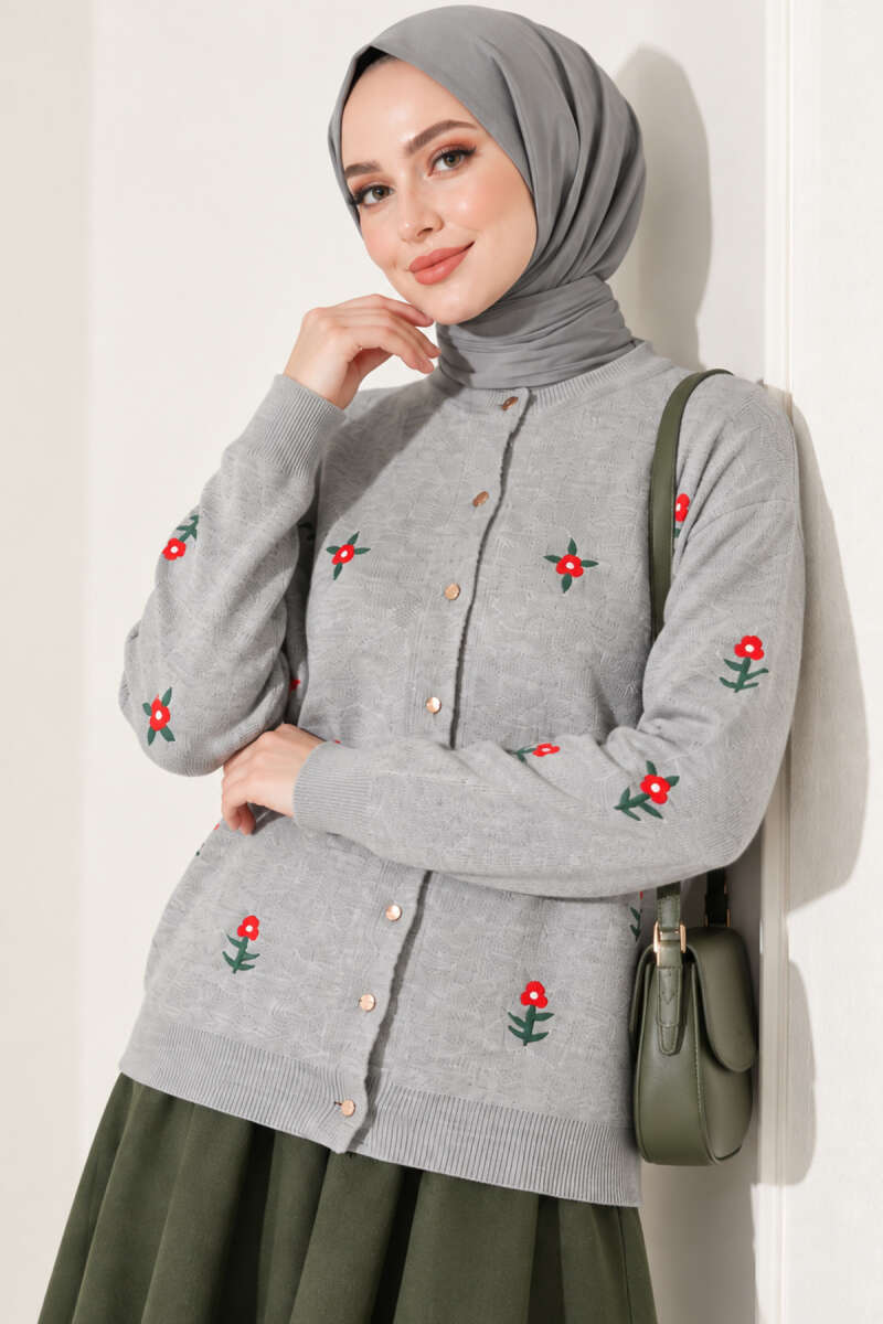 Floral Embroidered Knit Cardigan - Grey