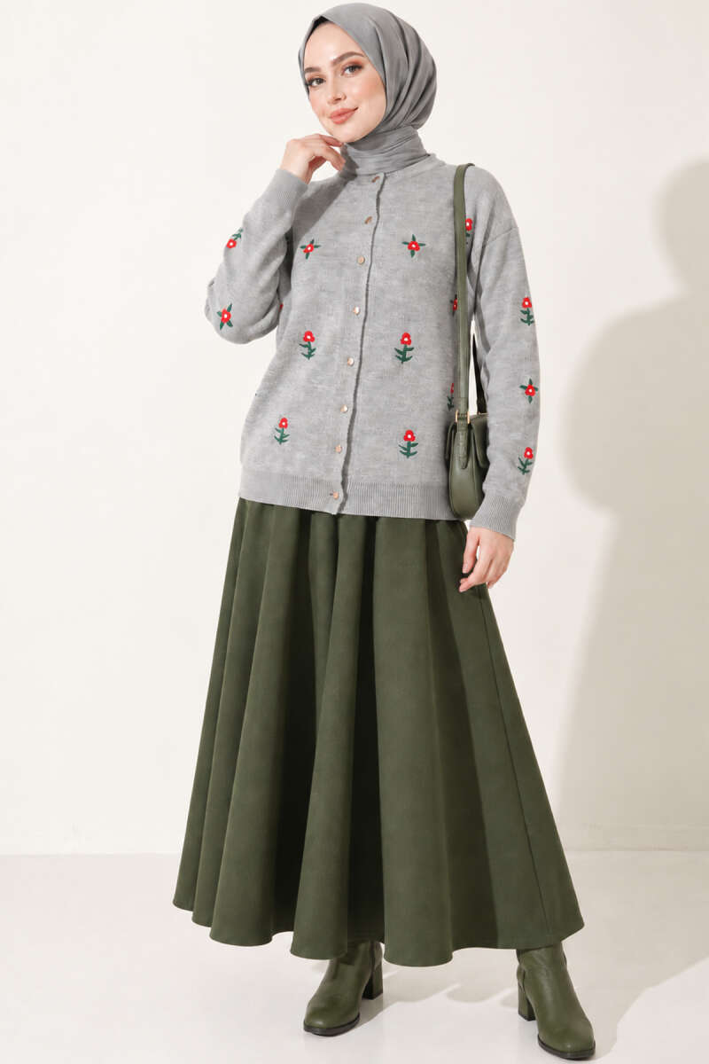 Floral Embroidered Knit Cardigan - Grey