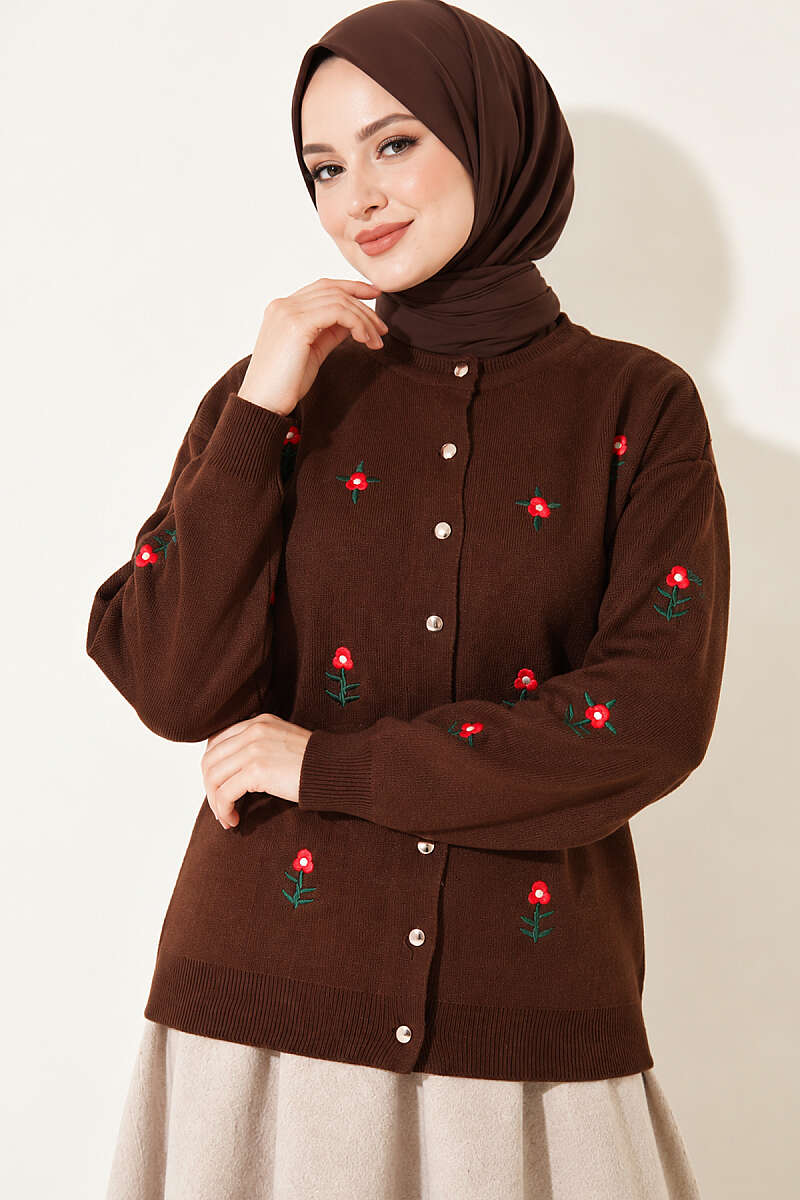 Floral Embroidered Knit Cardigan - Brown