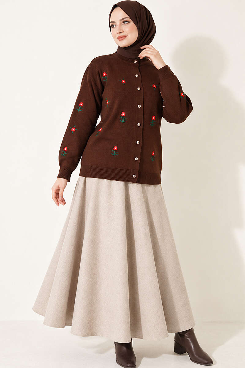 Floral Embroidered Knit Cardigan - Brown