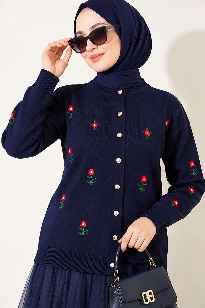 Floral Embroidered Knit Cardigan - Navy