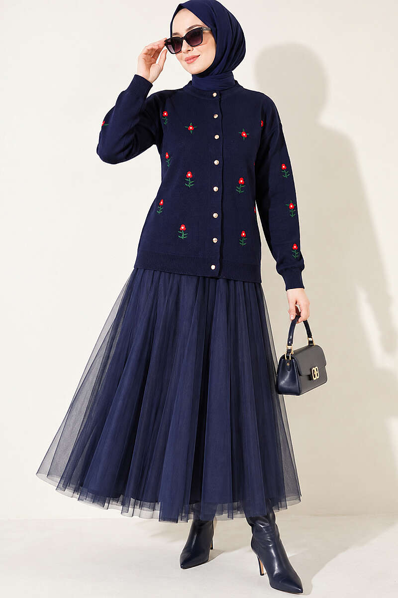 Floral Embroidered Knit Cardigan - Navy
