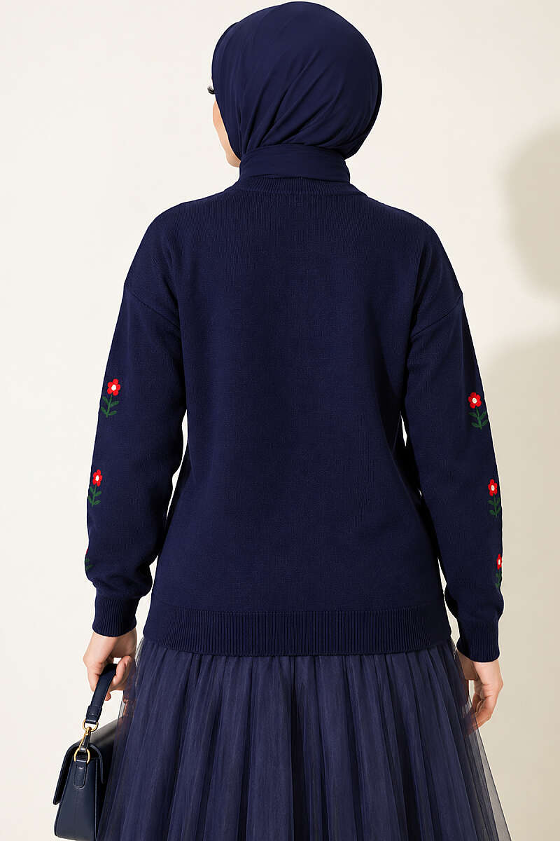 Floral Embroidered Knit Cardigan - Navy